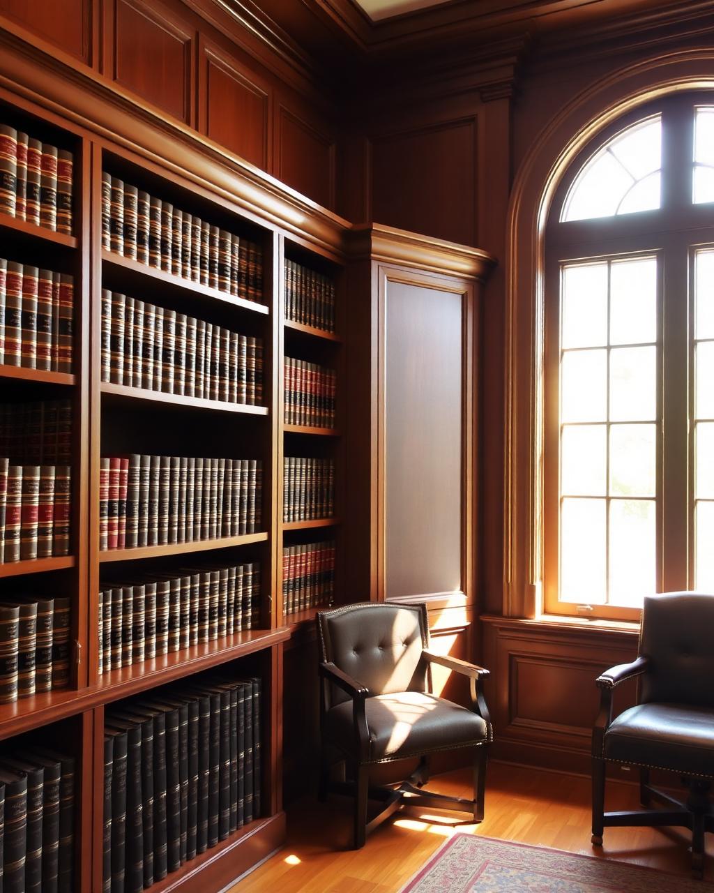 Law office interior with leather-bound legal volumes