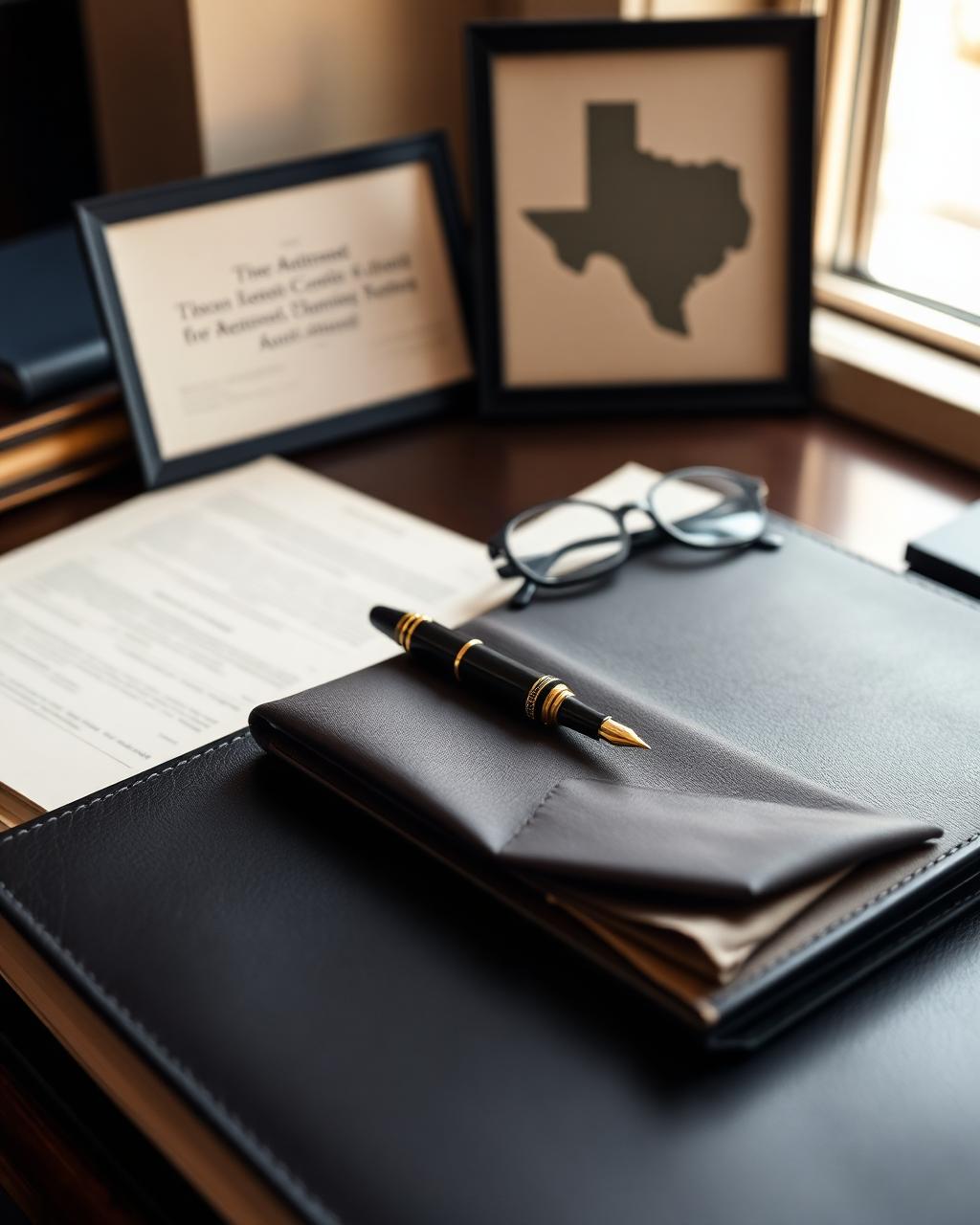 Texas estate planning attorney's desk with leather portfolio, fountain pen, reading glasses, and a Texas state outline